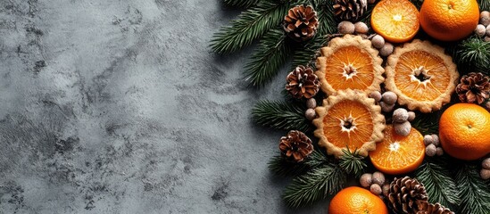 Poster - Food and beverage holiday theme Christmas and New Year cookies wreath with tangerine Copyspace top view flat lay backdrop