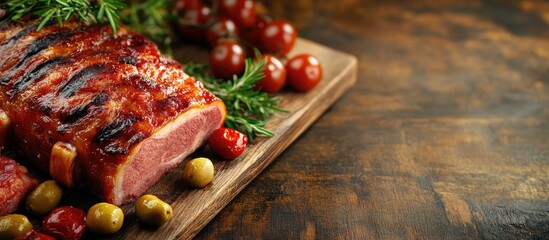 Poster - Pork smoked meat appetizer meal snack on the table with copyspace food background rustic