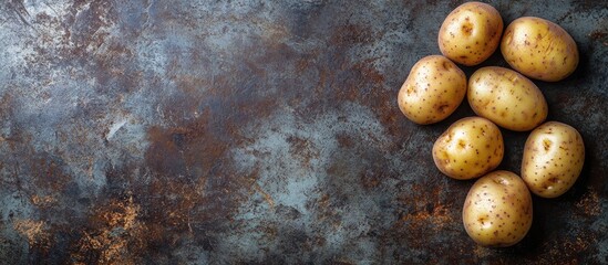 Aufkleber - An overhead flat lay image features several Yukon Gold potatoes arranged on a stained and scratched steel surface There is copy space present in a horizontal layout