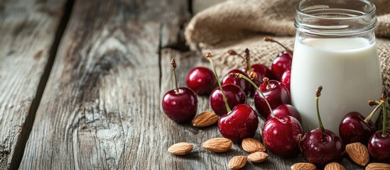 Leinwandbilder - Nutritious breakfast featuring cherries almonds and milk on a wooden surface. with copy space image. Place for adding text or design