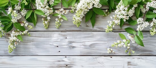 Wall Mural - Branch featuring white Spirea flowers and green leaves on a gray wooden background copyspace