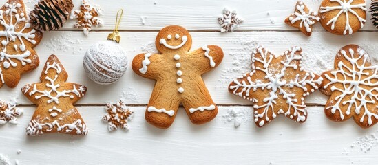 Poster - Christmas gingerbread adorned with festive decorations on a white wooden table Background for the Christmas holiday. with copy space image. Place for adding text or design