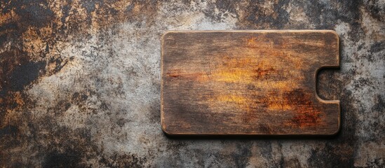 Poster - Top view of a wooden cutting board on a weathered rusty metal countertop. with copy space image. Place for adding text or design