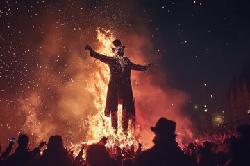 A Burning Figure with a Top Hat in Front of a Crowd