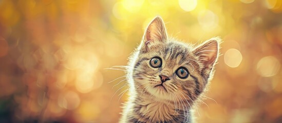 Wall Mural - A cute gray cat against a yellow background looking out An empty copy space