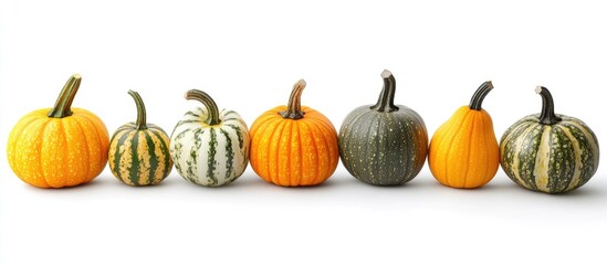 Leinwandbilder - Collection of pumpkins on a white background with copy space