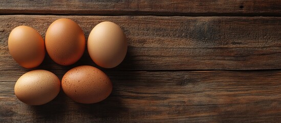 Poster - Raw brown chicken eggs on a wooden table viewed from above Space for text. with copy space image. Place for adding text or design