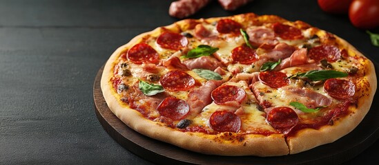 Poster - Delicious traditional Italian pizzas featuring salami and meat. with copy space image. Place for adding text or design