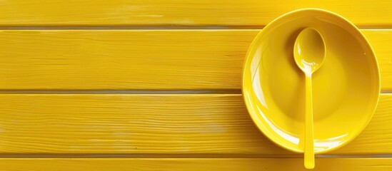 A plate and yellow plastic spoon are positioned on a white wood background providing copy space for your design