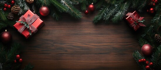 Leinwandbilder - Flat lay arrangement for Christmas featuring pine and decorations. with copy space image. Place for adding text or design