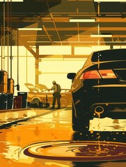 Poster - Mechanics are busy in an auto repair shop, working on vehicles under warm afternoon lighting, with oil pooling on the concrete floor. Generative AI