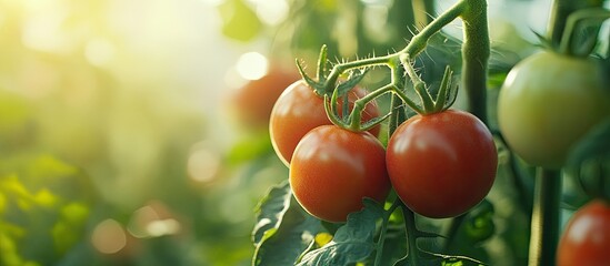 Fresh ripened red tomatoes growing in an organic greenhouse garden ready for harvest. with copy space image. Place for adding text or design