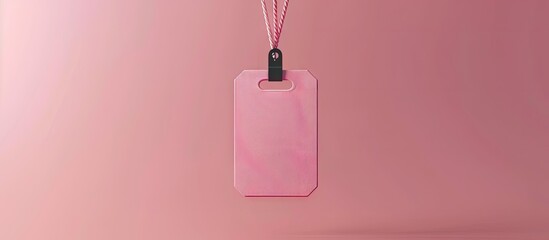 Blank badge mockup isolated on a pink background Simple empty name tag mockup hanging from a neck with a red string. with copy space image. Place for adding text or design