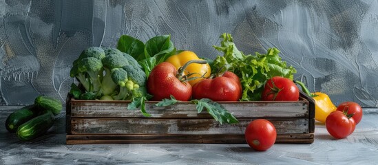 Aufkleber - Background featuring a variety of green vegetables and an aged wooden tray on a light gray stone tabletop Healthy food theme with copy space