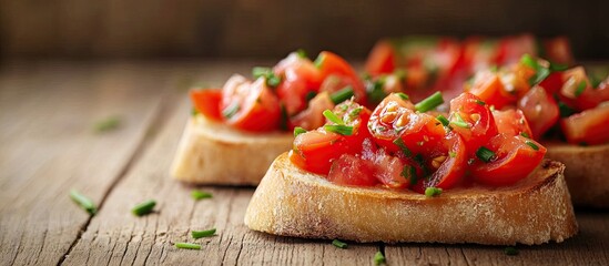 Aufkleber - Bruschetta topped with cherry tomato and chive on a wooden table. with copy space image. Place for adding text or design