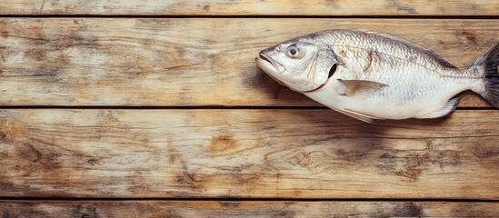 Poster - Raw fish on a wooden surface Copy space