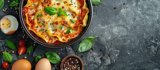 Aufkleber - Cannelloni pasta with egg sauce cream cheese and oregano leaves on a gray concrete backdrop Side view copyspace