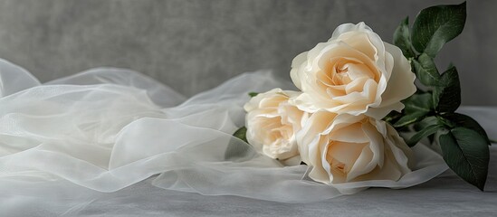 Aufkleber - Artificial white rose bouquet tulle on the table fabric rose texture fake rose arrangement romantic Valentine s wedding floral copy space