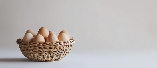 Leinwandbilder - Eggs in a woven basket set against a white background. with copy space image. Place for adding text or design