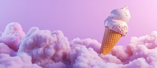 Aufkleber - Creative concept featuring an ice cream cone and soft clouds against a purple background. with copy space image. Place for adding text or design