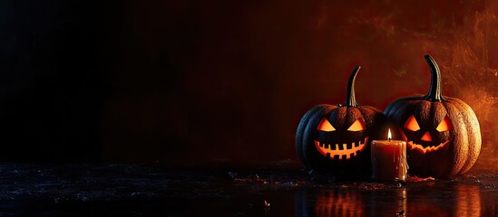 Poster - Halloween pumpkins featuring frightening faces and a lit candle. with copy space image. Place for adding text or design