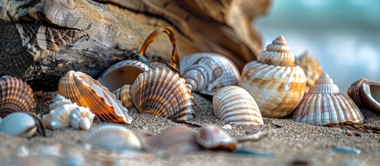 Seashells on timber. with copy space image. Place for adding text or design