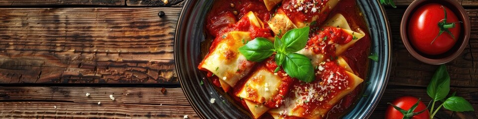 Poster - Cannelloni filled with meat, topped with tomato sauce and cheese, showcasing traditional cuisine, with space for text.