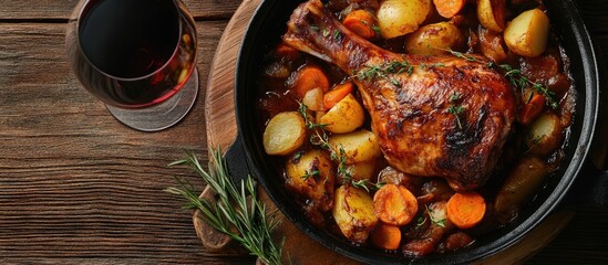 Aufkleber - Roasted rabbit leg served with potato and carrot stew and red wine. with copy space image. Place for adding text or design