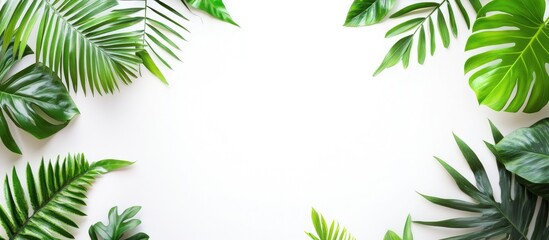 Poster - Green tropical leaves on a white background Flat lay top view copyspace