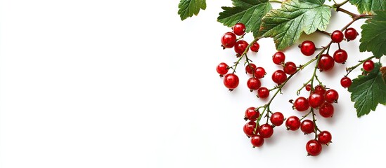 Wall Mural - On a white background a red currant branch with berries and leaves featuring an inscription area for copy space