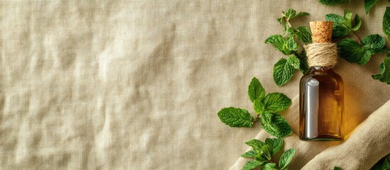 Poster - Organic mint essential oil in a glass bottle aromatic herb bundle and green leaves on a beige textured linen background This relates to aromatherapy homeopathy or spa concepts. with copy space image