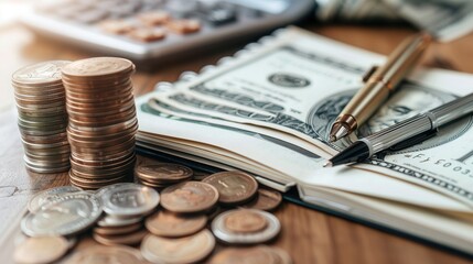Aufkleber - A stack of cash and coins sits beside an open notebook filled with financial notes and calculations, highlighting an active budgeting process. Generative AI