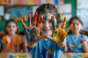 Child Showing Off Paint-Covered Hands After Art Class