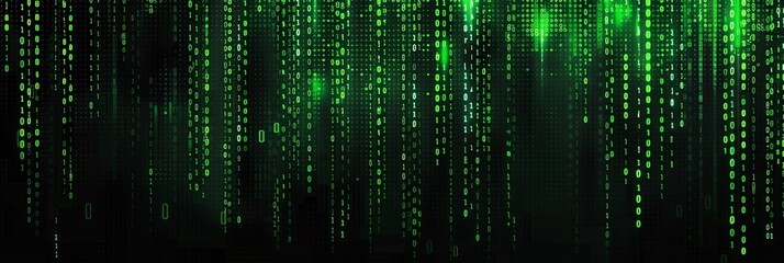 A tech background with AI features showcases green binary code and digital circuits coming together in a dynamic, futuristic data flow. This visual is ideal for a tech banner.
