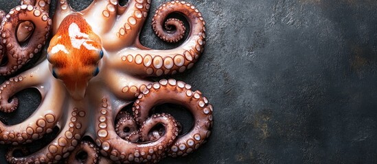Fototapete - Raw octopus Organic seafood Close up Dark background Top view. with copy space image. Place for adding text or design