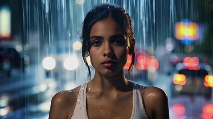 Wall Mural - Woman standing on a street in the rain serious face