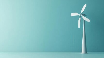 A minimalist wind turbine model against a soft teal background, representing renewable energy and sustainability.