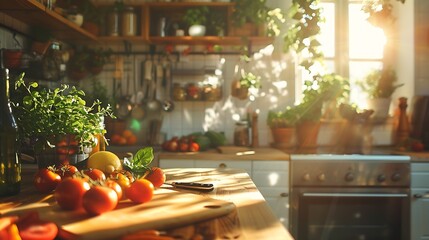 Kitchen background with cutting board utencils groceries direct sunlight shadows from trees : Generative AI