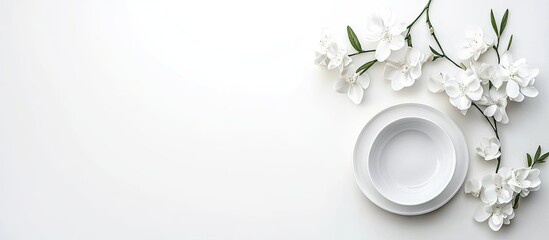 Fototapete - Top view of white porcelain in a flat lay arrangement. with copy space image. Place for adding text or design