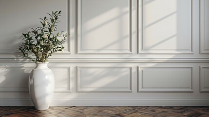 Wall Mural - White classic wall background brown parquet floor home furniture detail frame and vase of plant : Generative AI