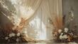 © CreativePulse - Generate a graceful boho wedding backdrop with gently draped neutral beige linen. Abstract floral sunlight shadows should enhance the texture and add a refined touch