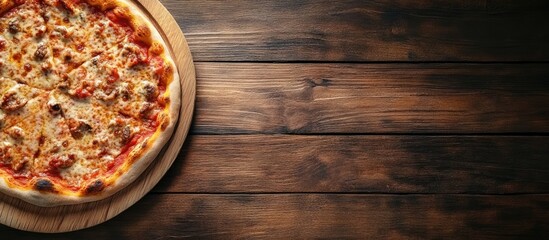 Poster - Homemade pizza prepared to be served on a wooden table with copyspace