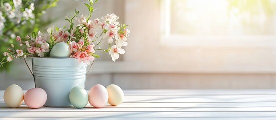 Poster - Easter eggs in a bucket on a white wooden table accompanied by lovely flowers. with copy space image. Place for adding text or design