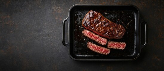 Leinwandbilder - Barbecue dry aged wagyu porterhouse beef steak sliced with a large fillet piece viewed from above on a contemporary black cast iron tray with copy space