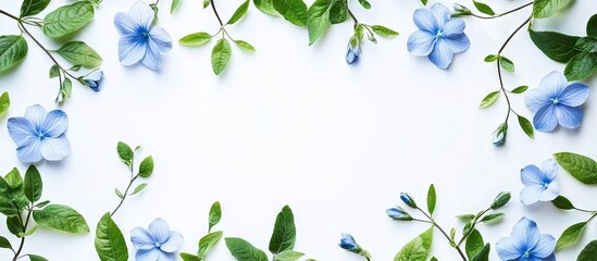 Poster - Blue flowers and green leaves on a white background Botanical arrangement with copy space