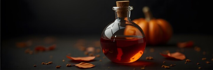 Wall Mural - a glowing potion bottle with red liquid, set among autumn leaves and a pumpkin