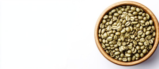 Leinwandbilder - Bowl containing green coffee beans on a white background. with copy space image. Place for adding text or design