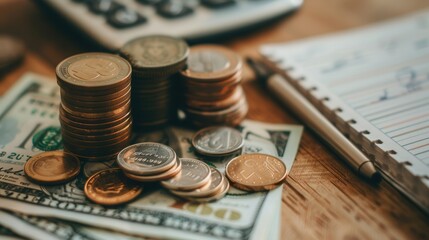 Aufkleber - A stack of cash and coins lies beside an open notebook filled with calculations and financial notes, reflecting a busy afternoon of budgeting and planning. Generative AI