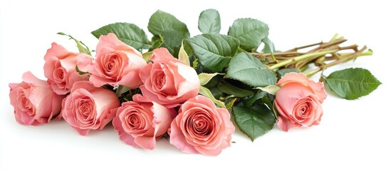 Aufkleber - A bouquet of pink roses set against a white background with copy space