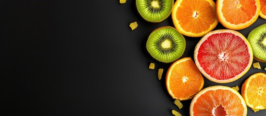 Wall Mural - Flat lay Top view Sliced vibrant fresh fruits kiwi orange grapefruit and mandarin on a black background Summer setting. with copy space image. Place for adding text or design